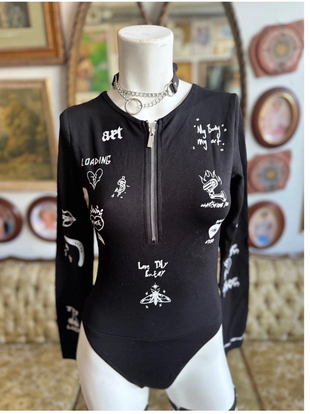 Maniere De Voir Black Zipper Graffiti Bodysuit Size US 4 New Goth, Punk, Emo